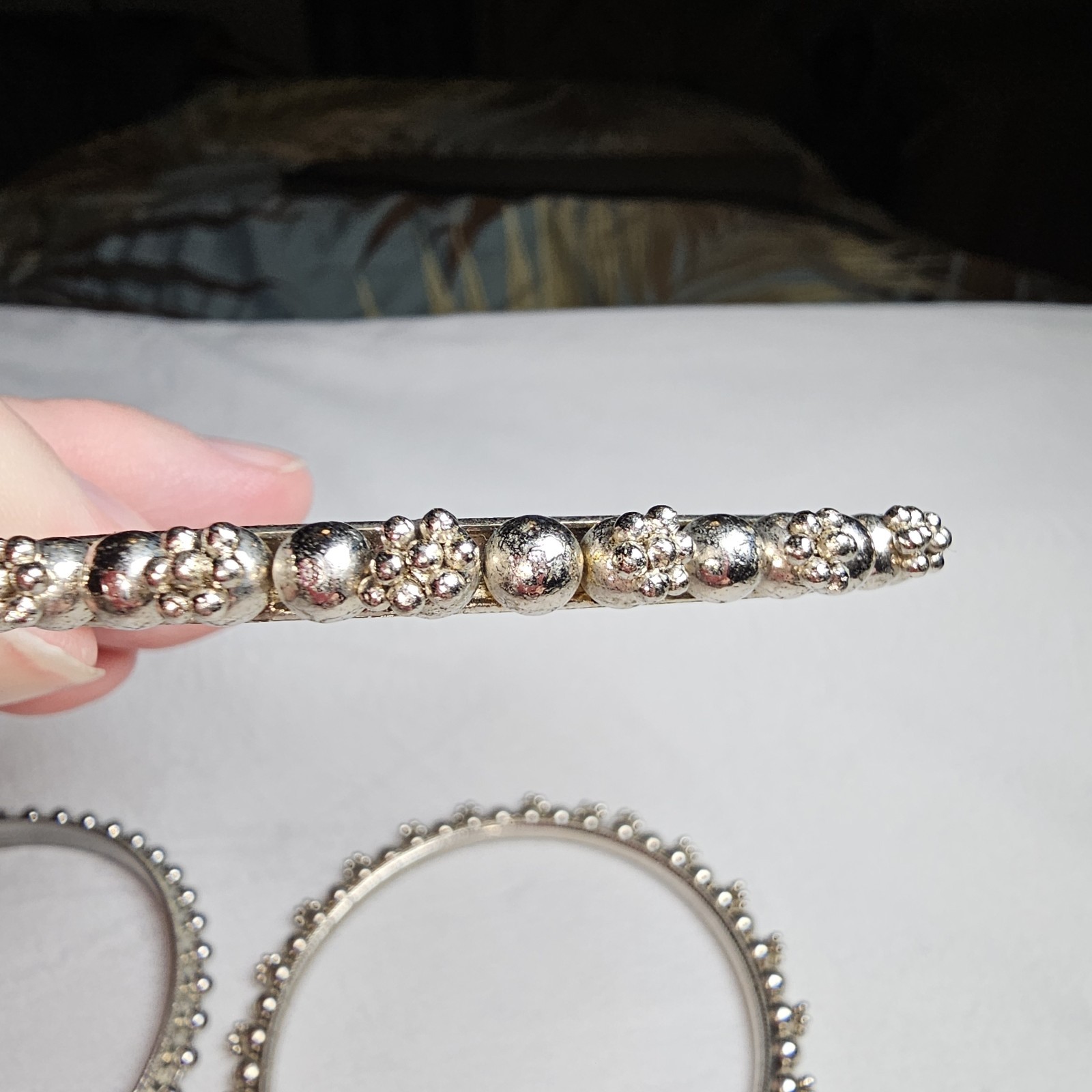SET OF 3 Vintage Rajasthani Style BANGLE BRACELET Beaded Tribal Silvertone 8.25″