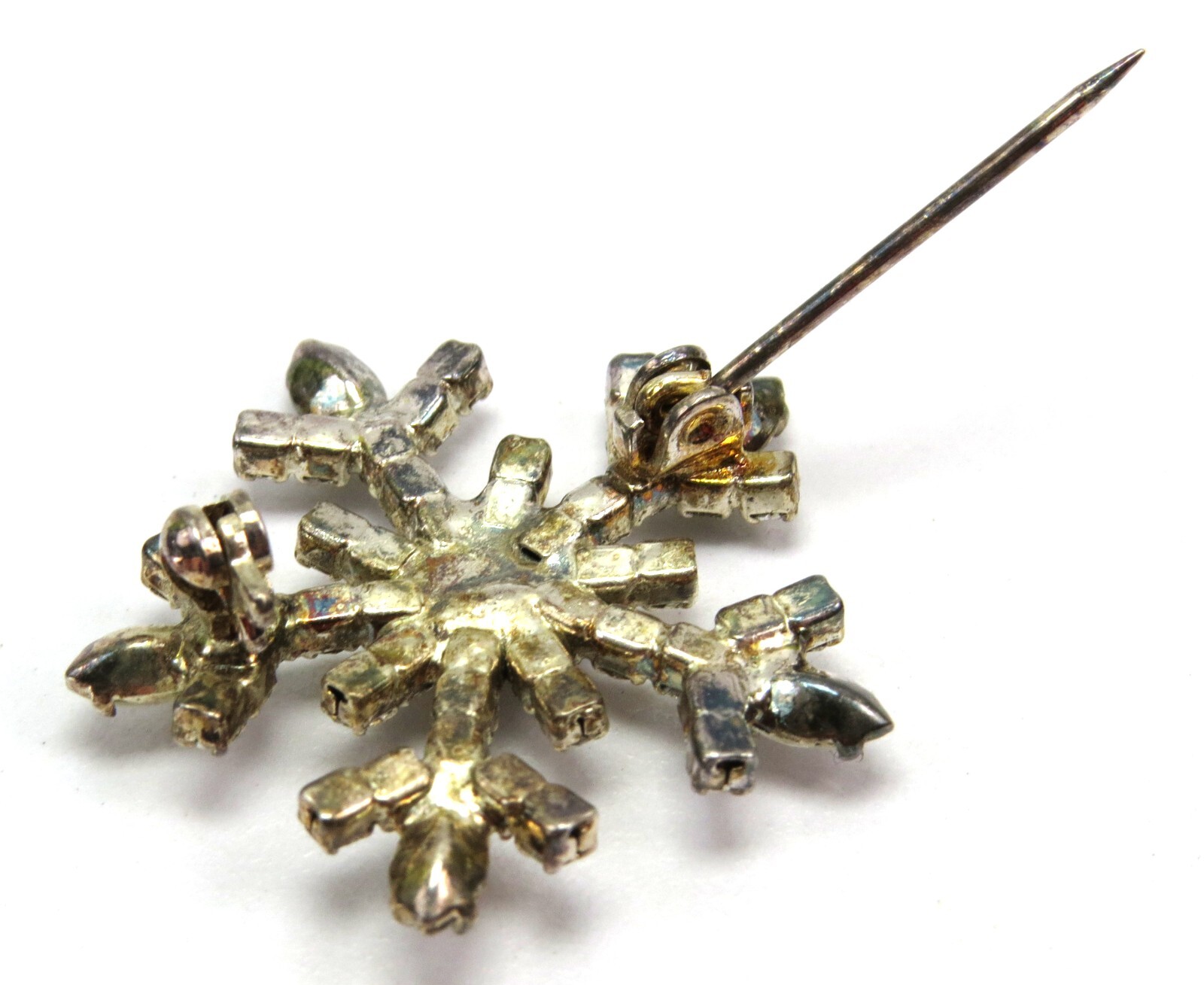 Pretty Rhinestone Snowflake Vintage Brooch, About 1-1/8″ Across – Read