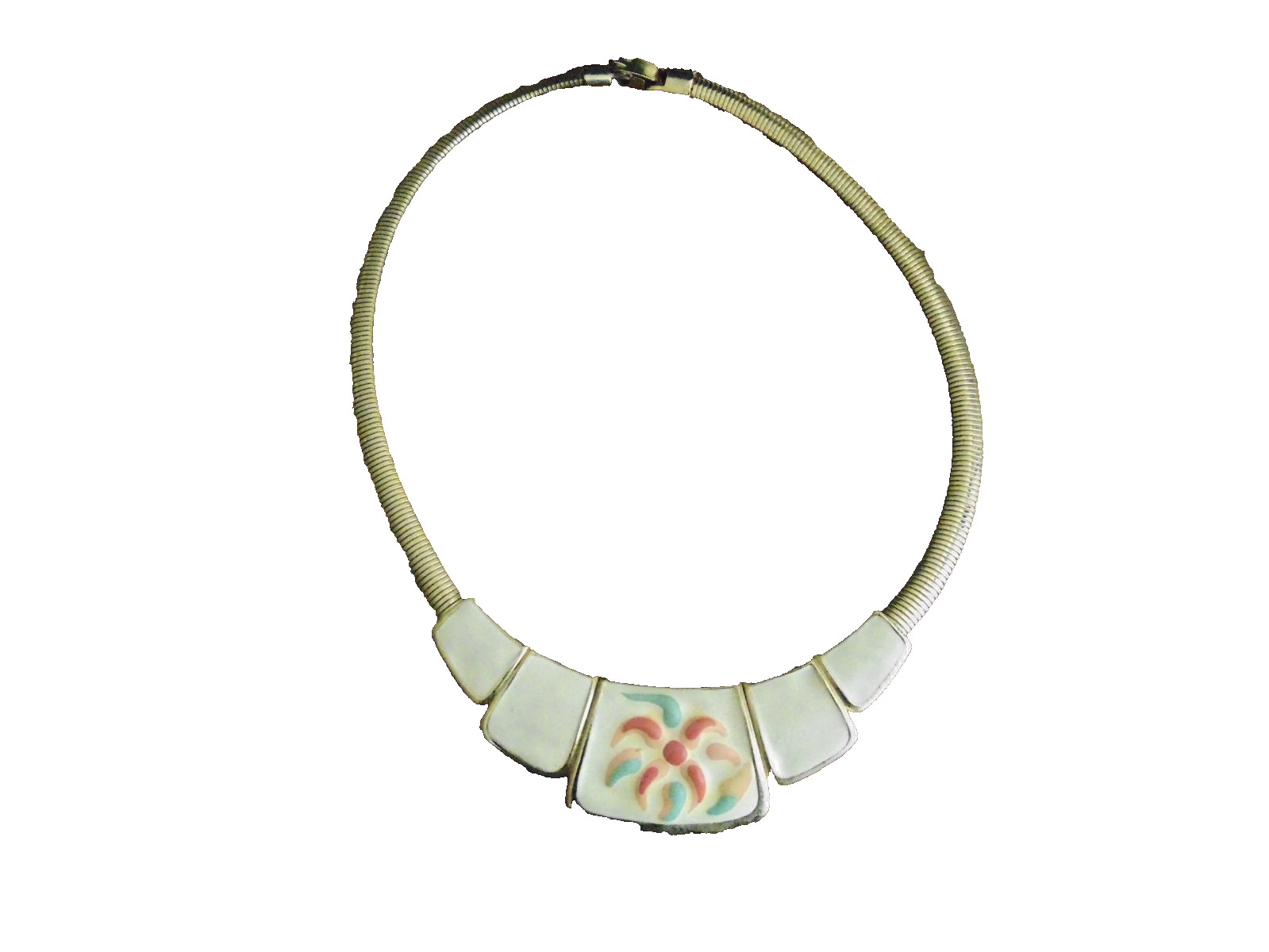 Vtg Cream Enamel Choker Gold Tone Omega Chain 16.5″ Green, Orange & Peach Design