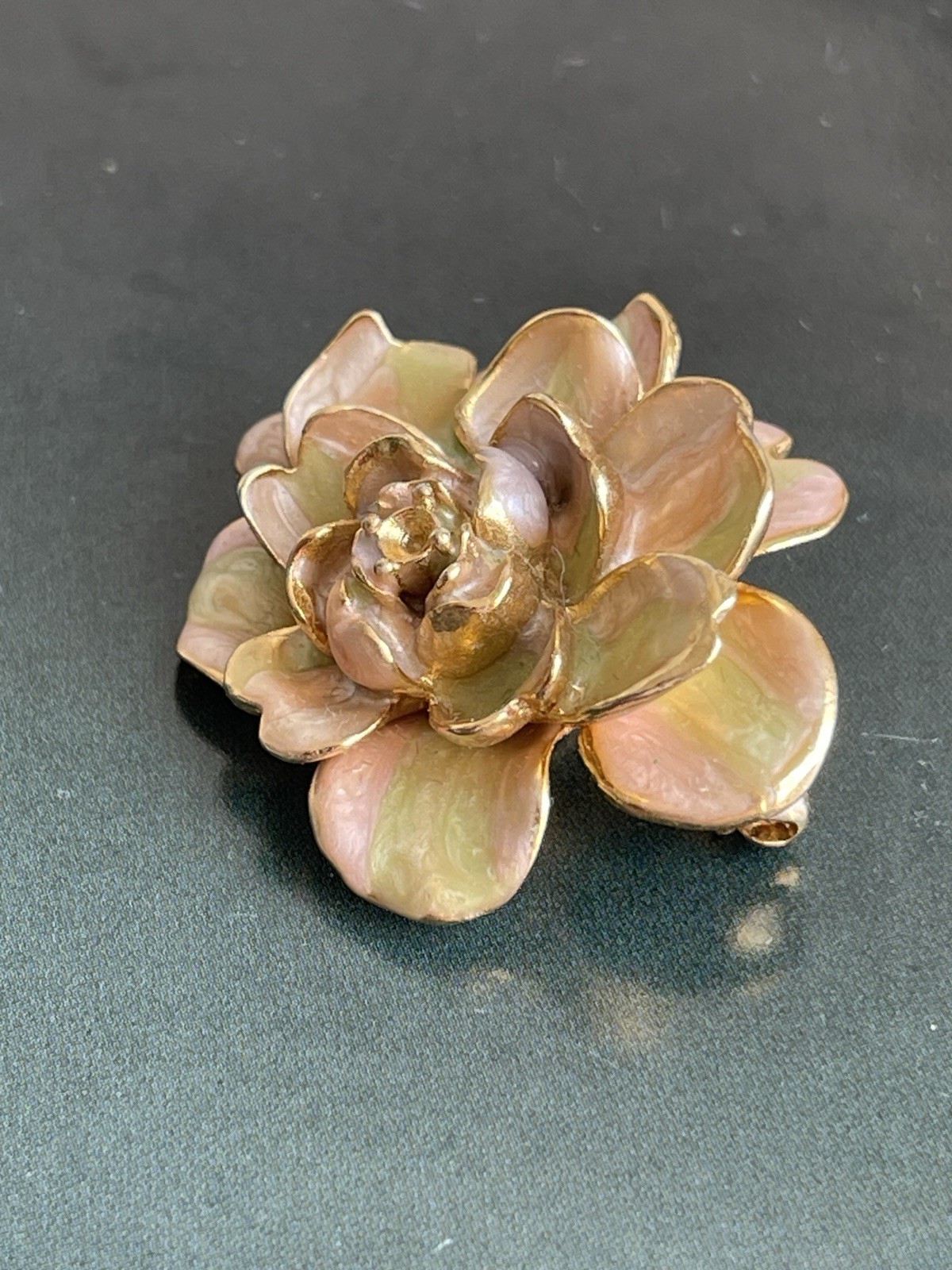 Vintage Joan Rivers Camellia Flower Brooch Enamel Gold Tone Signed