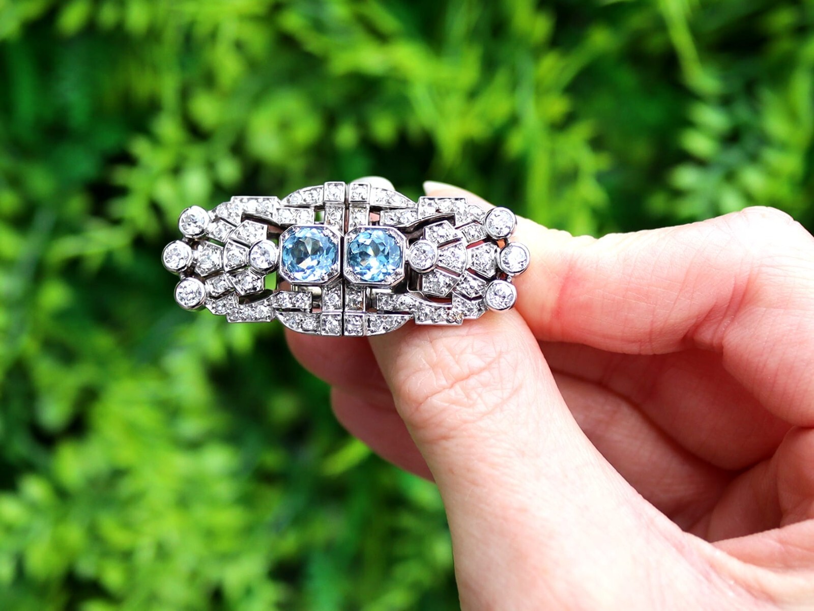 1.52Ct Aquamarine and 2.92Ct Diamond, 18k White Gold Double Clip Brooch