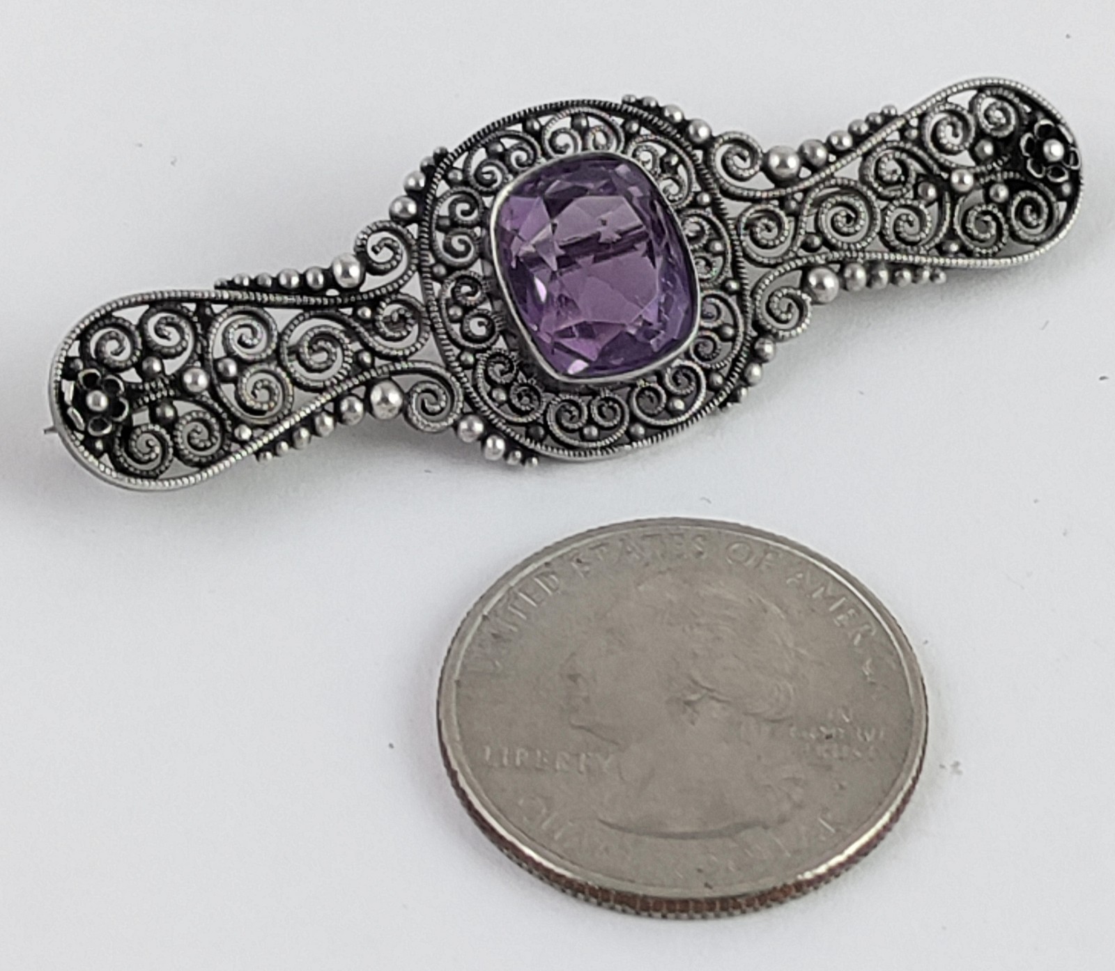 Antique 800 Silver Cannetille Filigree Pin w/Bezel Set Faceted Amethyst Stone