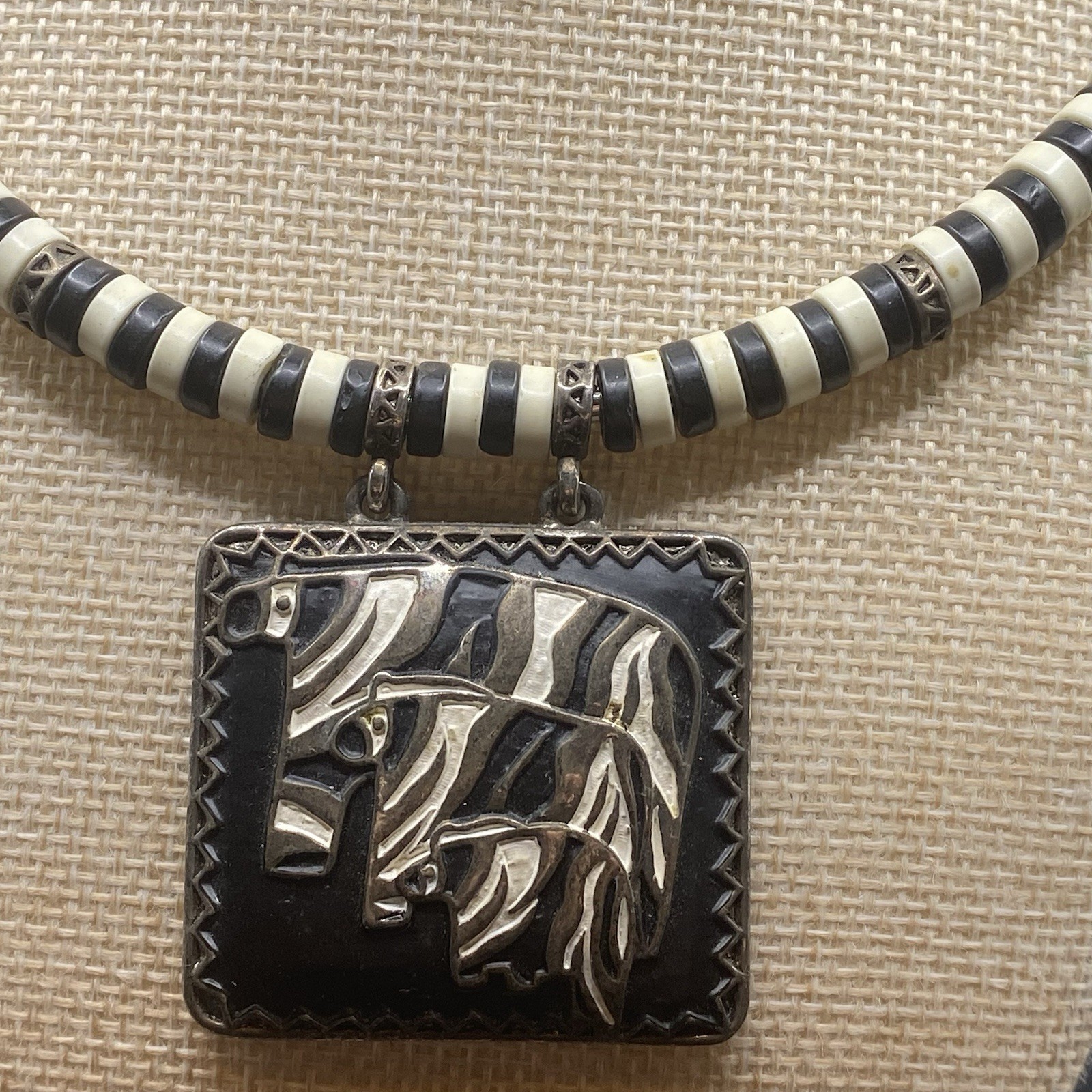 Tribal Zebra Black & White Beaded Safari Pendant Necklace