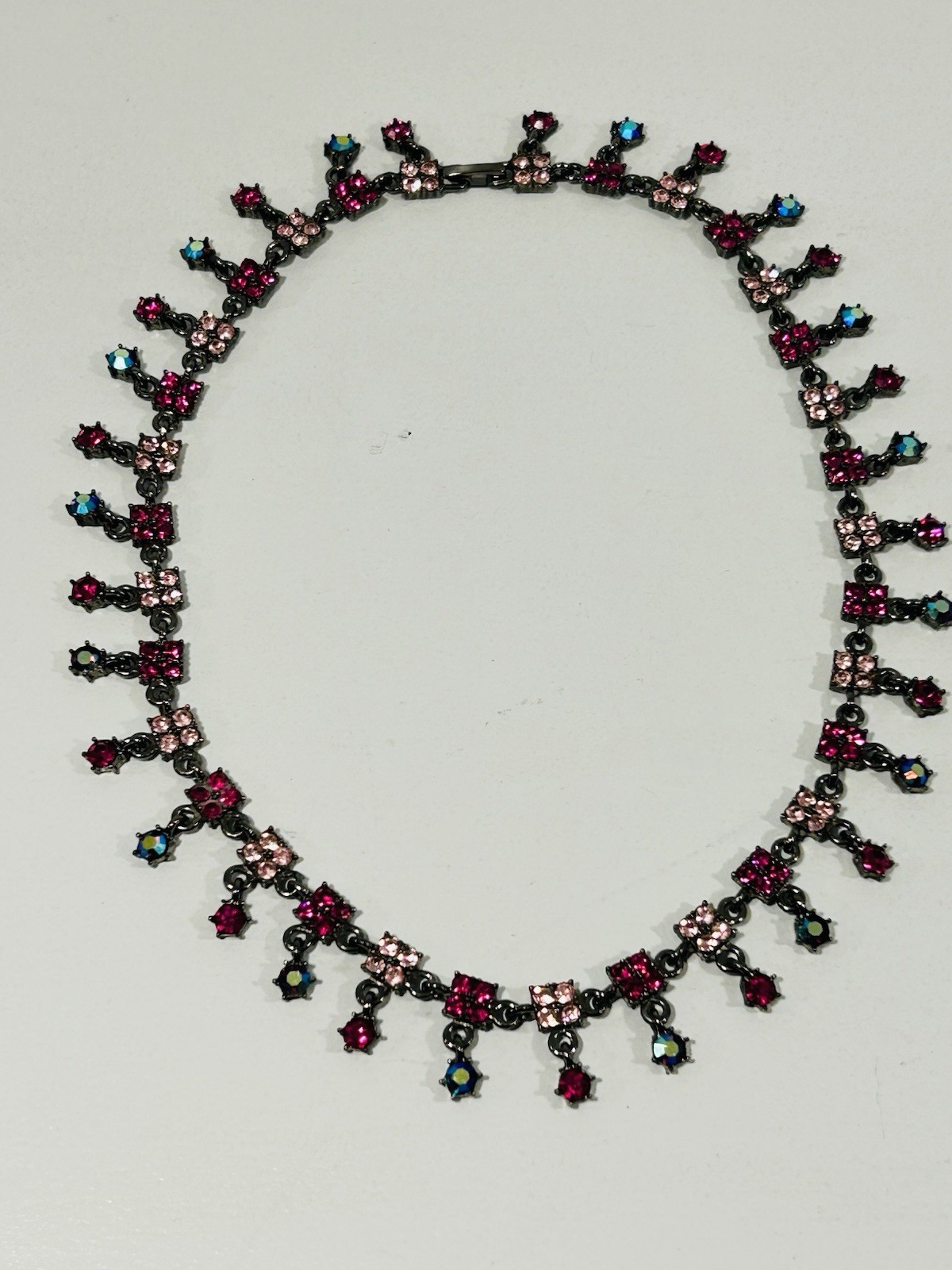 Gunmetal Rhinestone Statement Necklace Pink Fuchsia Fringe Vintage Style