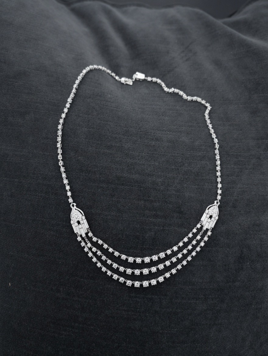 Vintage 925 Sterling Silver Art Deco Multi-Strand Crystal Rhinestone Necklace