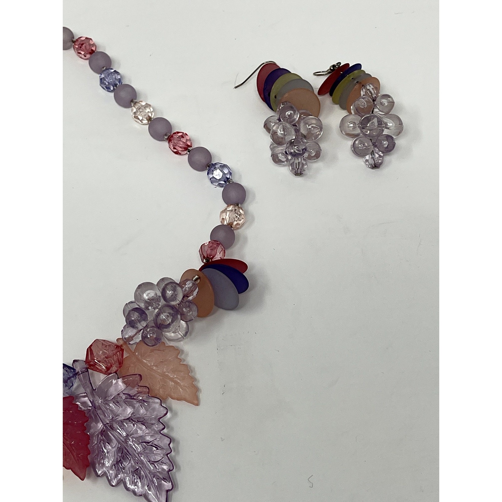 1980s Vintage Acrylic Crystal Colorful Leaf & Fruit Necklace & Earrings Suite