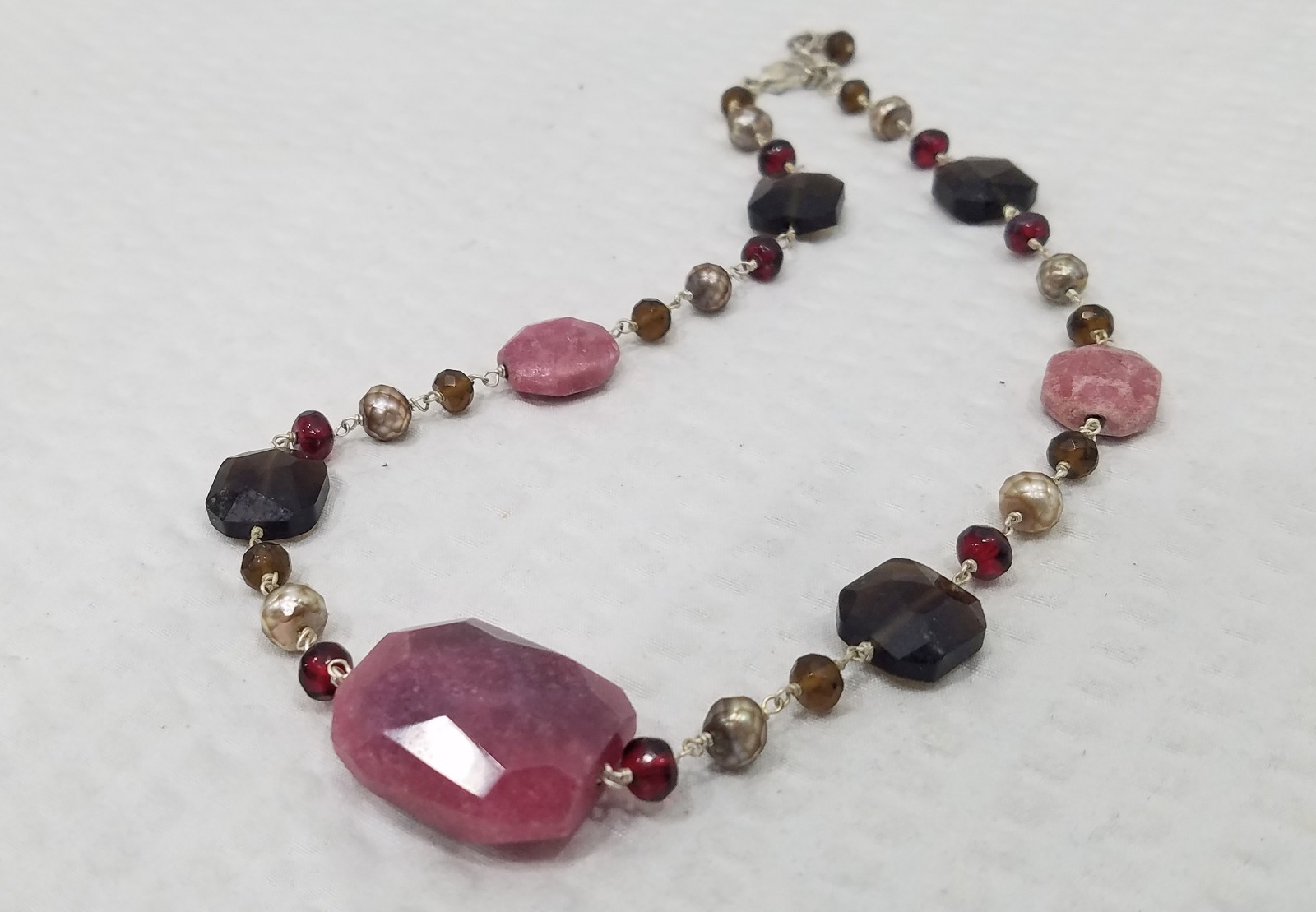 Vintage Muted Pink Faceted Jasper & Brown Crystal Rosary Style Choker Necklace