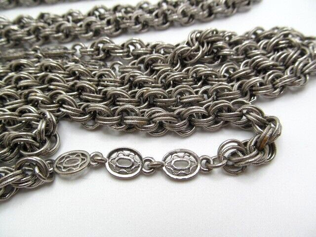Vintage Heavy Opera Length Round Lined Double Interlocking Crest Necklace 65 In
