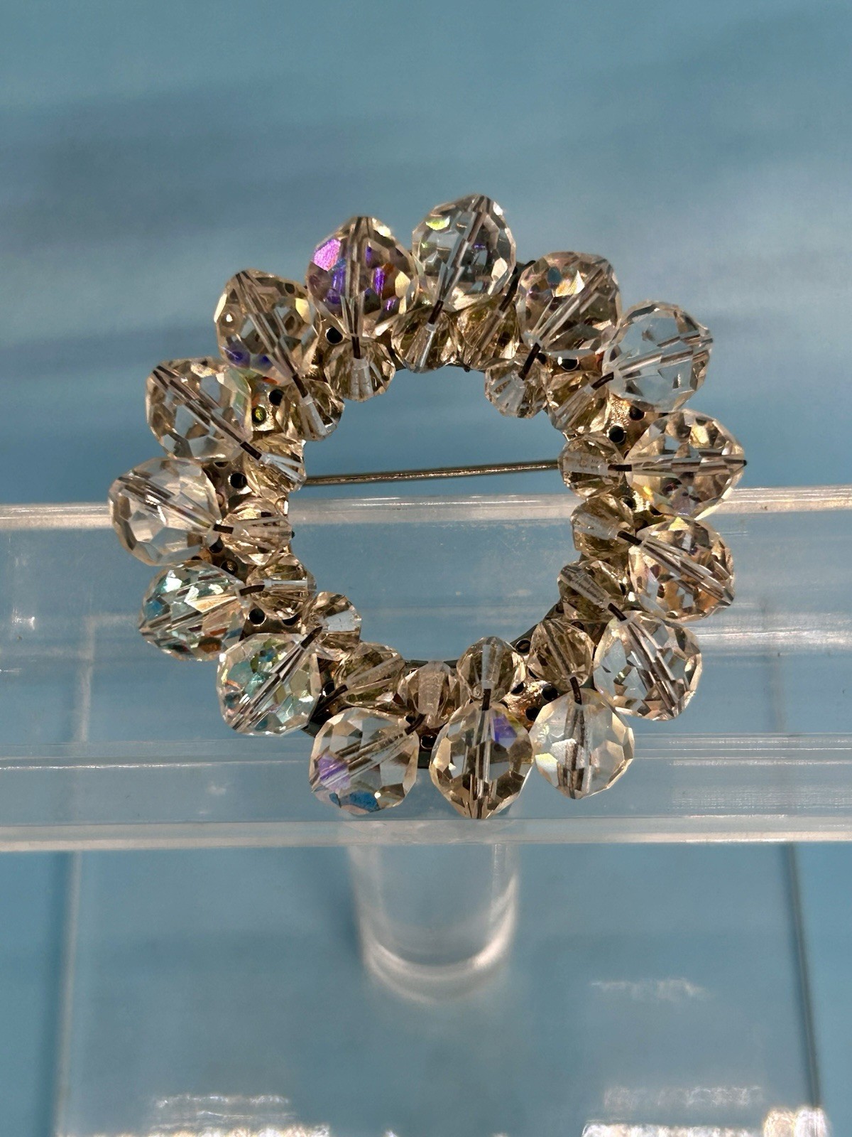 Vintage Clear AB Aurora Borealis Crystal Beaded Round Open Wreath Brooch Pin