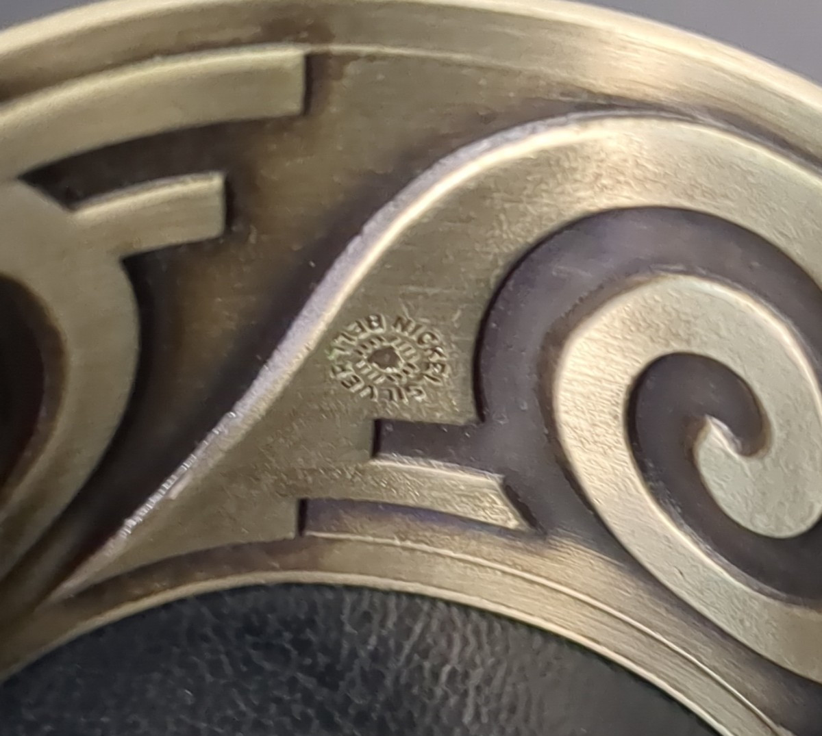 Nickel Silver Bell Cuff Bracelet South Western 1930-1960 Black Inlay Design