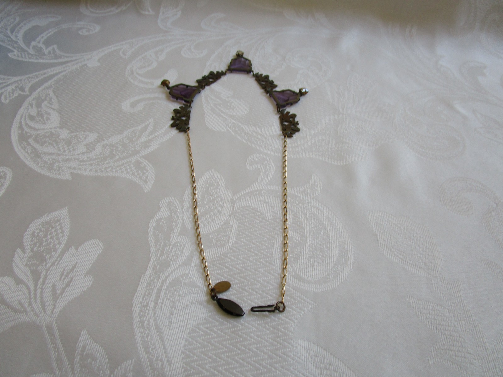 Vintage Glass Works Studio Purple Glass Clear Rhinestone Necklace 19” L Rare