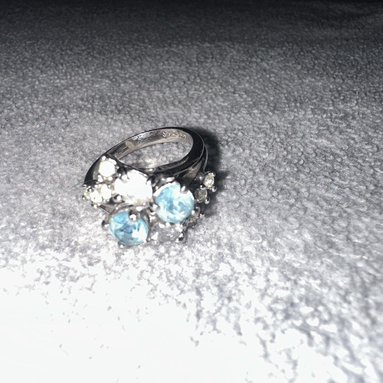 Vintage NV Signed Blue Topaz White Quartz Sterling Silver Band Ring Sz 6