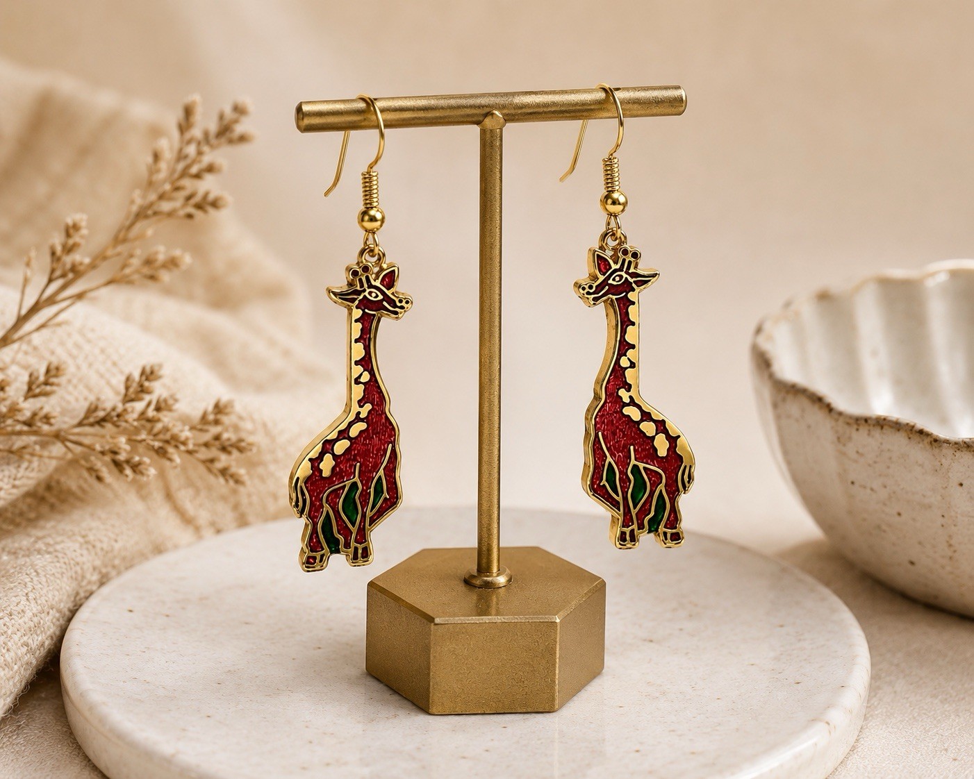 Vintage Giraffe Dangle Earrings Gold Tone Red Green Enamel Safari Animal 1.75”