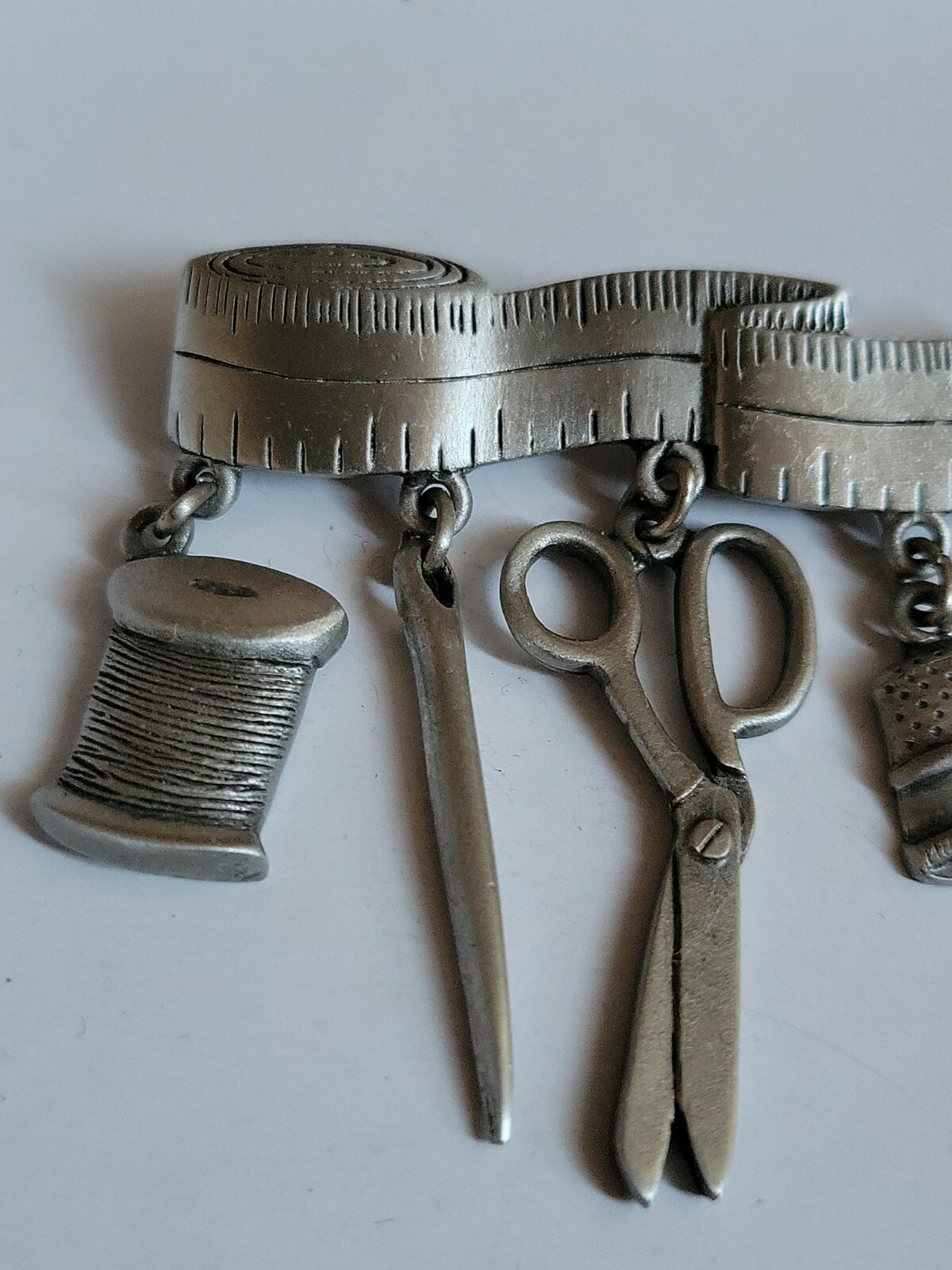 Vintage JJ Measuring Tape Brooch Pin Dangling Notions Silver Tone