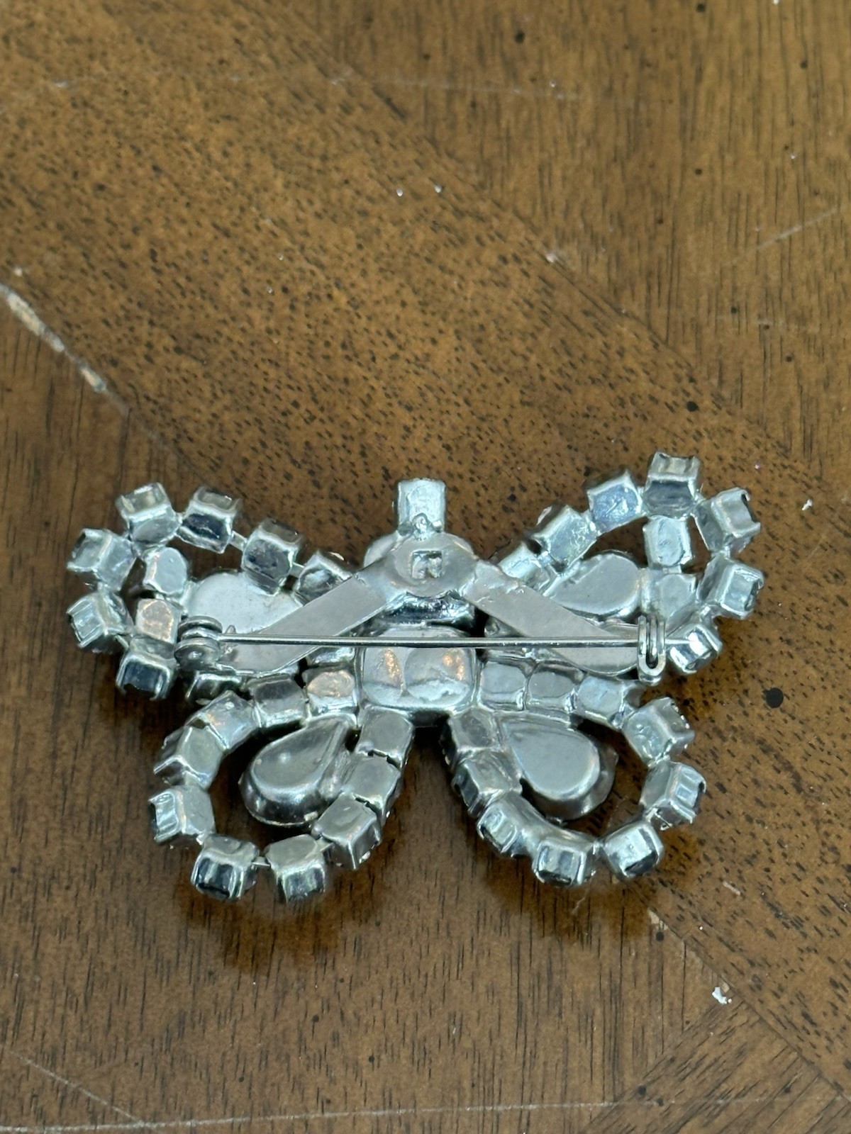Vintage Smoky Gray Rhinestone Butterfly Brooch Silver Tone Nice!