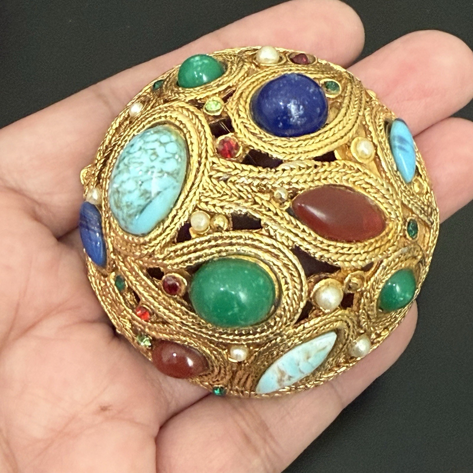 Vintage La Roca Style Multicolor Bejeweled Gemstones Gold-tone Dome Brooch 44g.