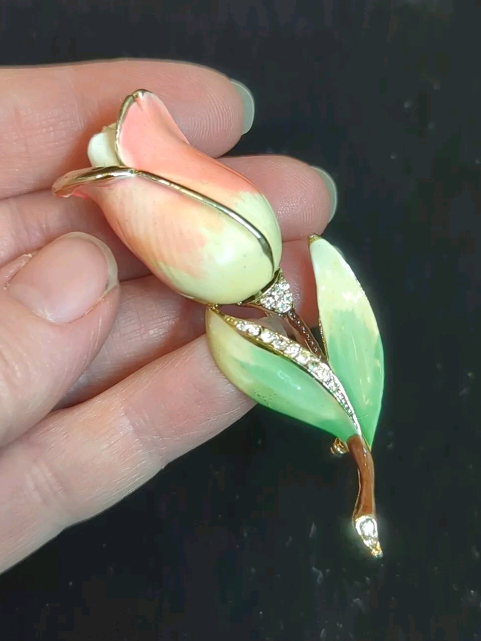Vtg BSK Enamel Flower Brooch Pin W/ Rhinestones Rose Bud Peach MCM
