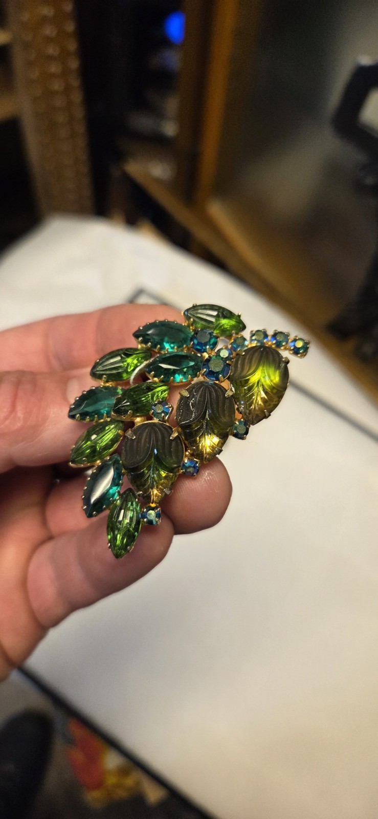 Juliana DeLizza & Elster brooch green and blue rhinestones Vintage