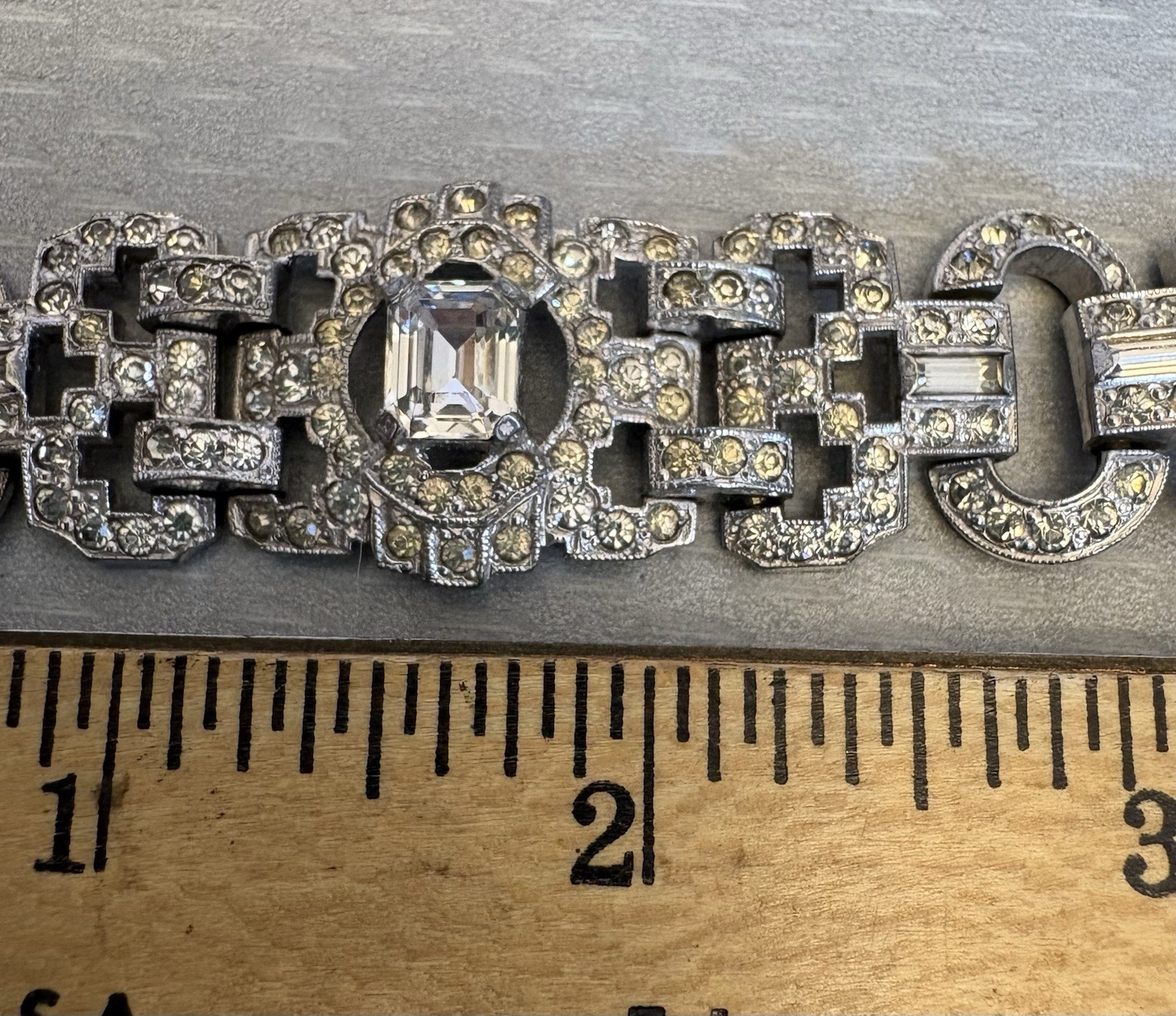 30s Art Deco Rhinestone Bracelet Baguettes Emerald Cut Crystal Pot Metal 7″