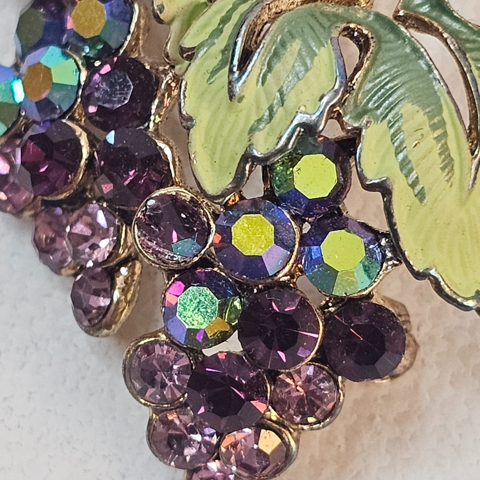 Grape Cluster Scatter Brooch Purple AB Rhinestones Green Leaves Unmarked Pin