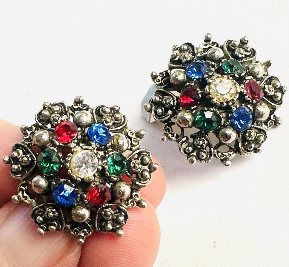 VTG Rhinestone Blue Red Green Silver Tone Earrings 1950s 1960s Vivid