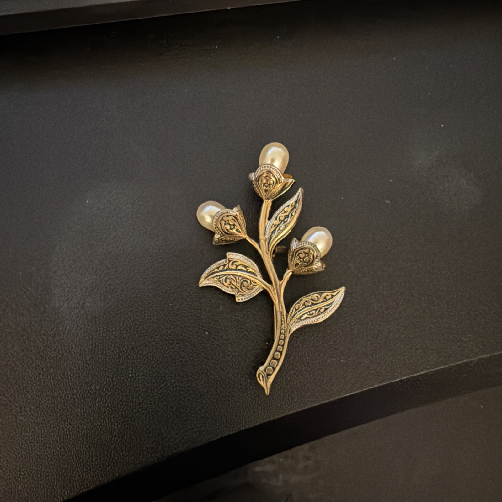 Damascene Brooch Faux Pearl Flower Bouquet Floral Vintage Spanish Estate Pin