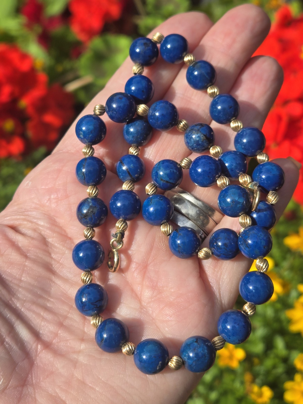 Vintage Lapis Lazuli + Gold Bead Necklace, 14k Clasp, 18″, 44g, Lovely Speckles!