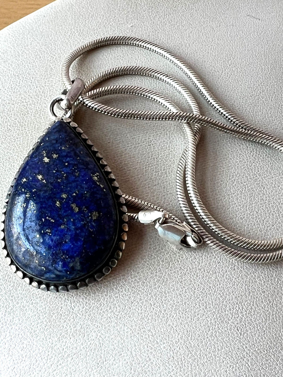 VINTAGE LARGE LAPIS LAZULI PENDANT THICK SNAKE CHAIN NECKLACE 925 STERLING SLVER