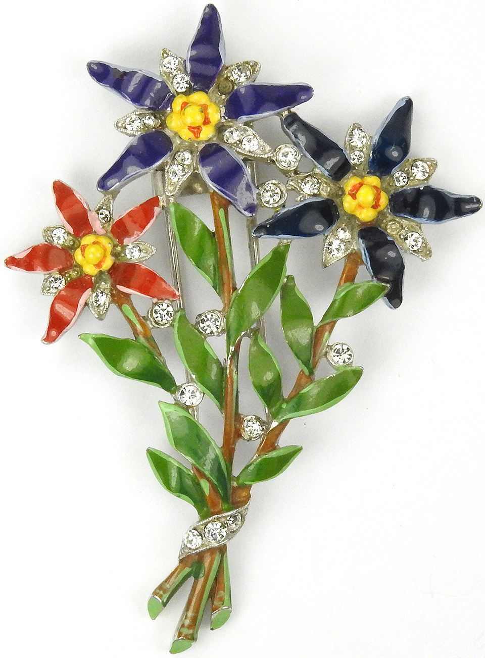 Trifari ‘Alfred Philippe’ Red Violet and Blue Enamelled Star Flowers Pin Clip