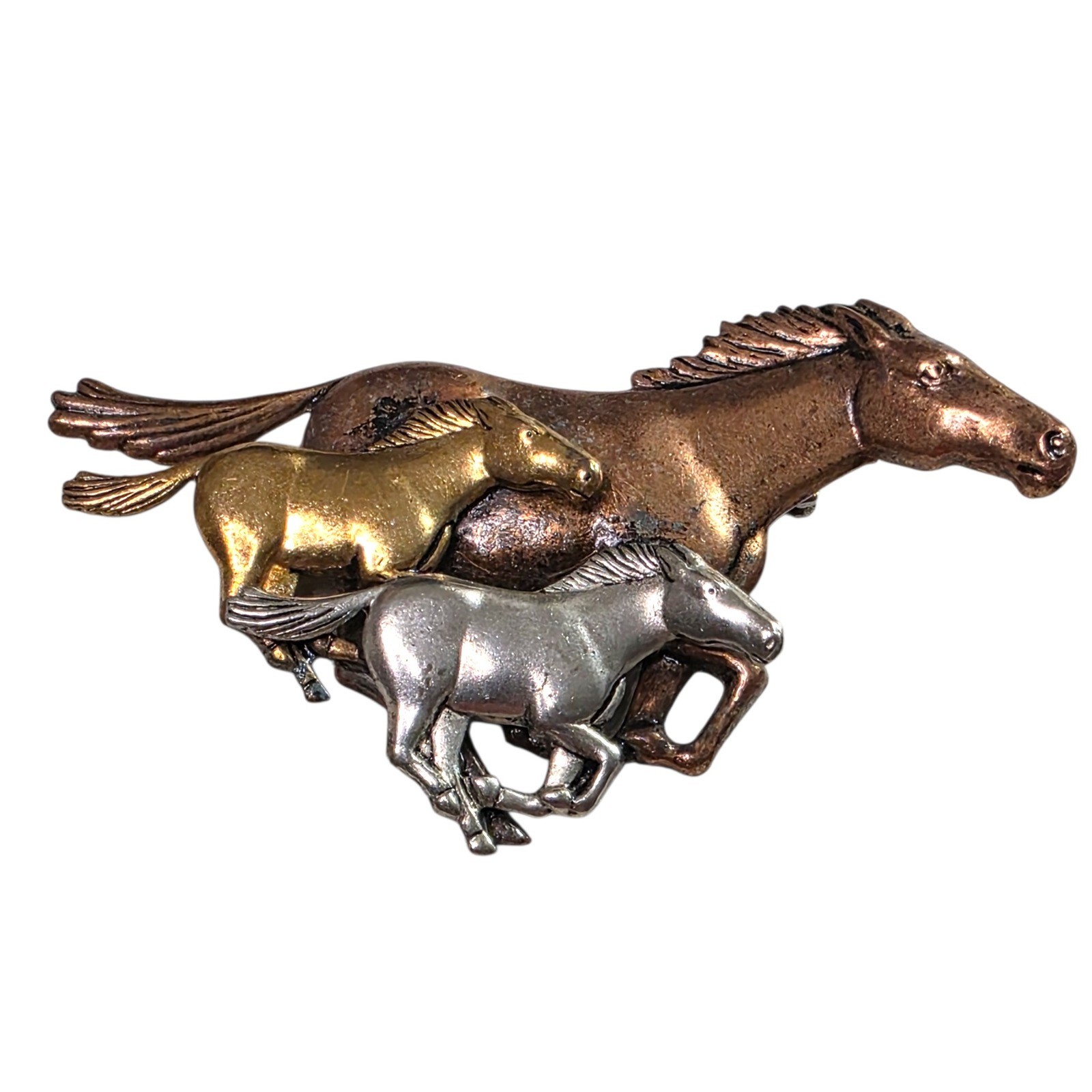 Vintage Tri Metal Running Horses Brooch Pin Equestrian Boho Southwestern