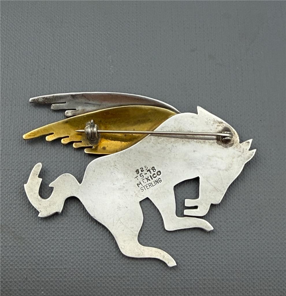 Vintage 925 Sterling Silver & Brass Mexico TS-78 Pegasus Winged Horse Brooch Pin