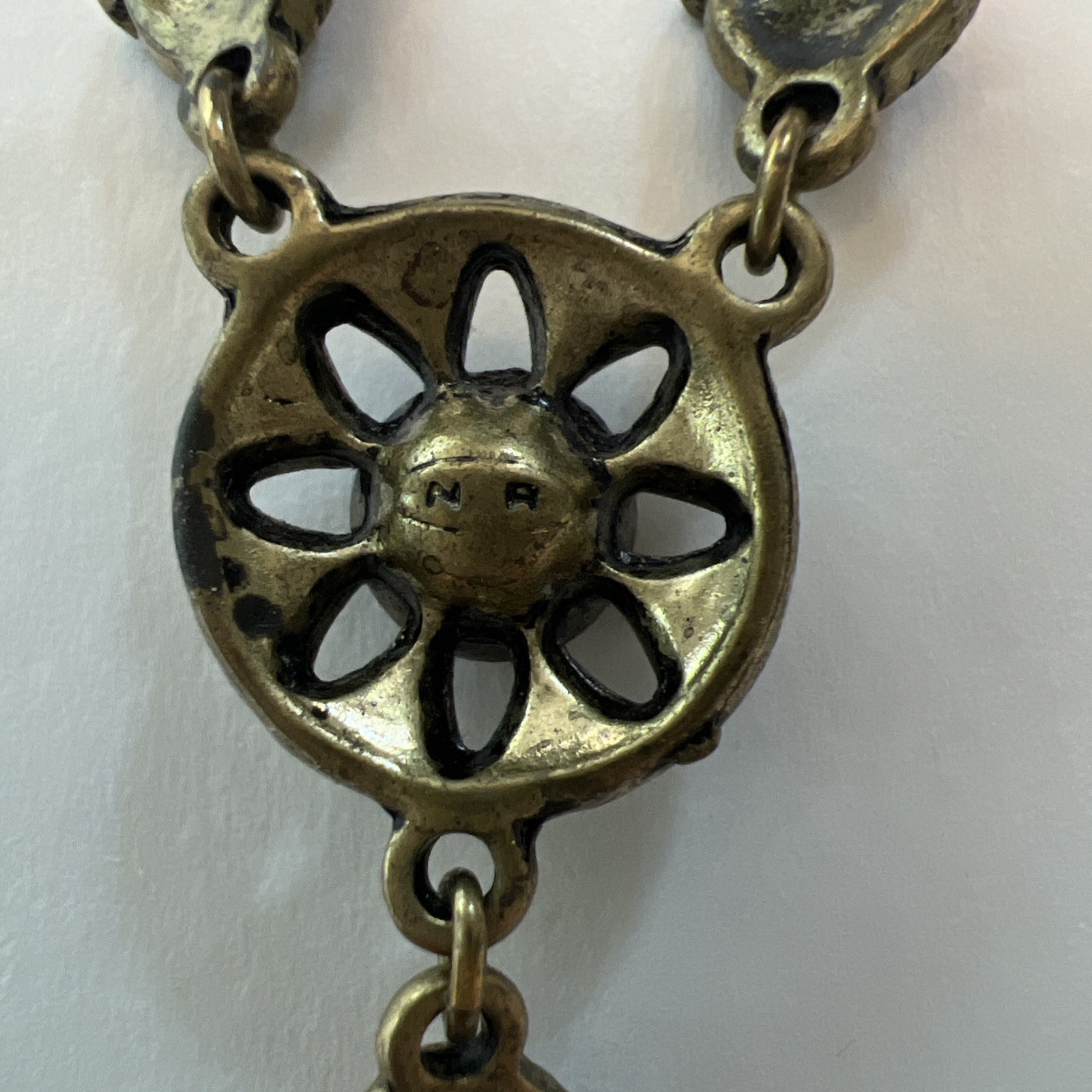 VTG Nina Ricci Avon Y-Drop Necklace Ornate Bronze Red Rhinestone Signed NR