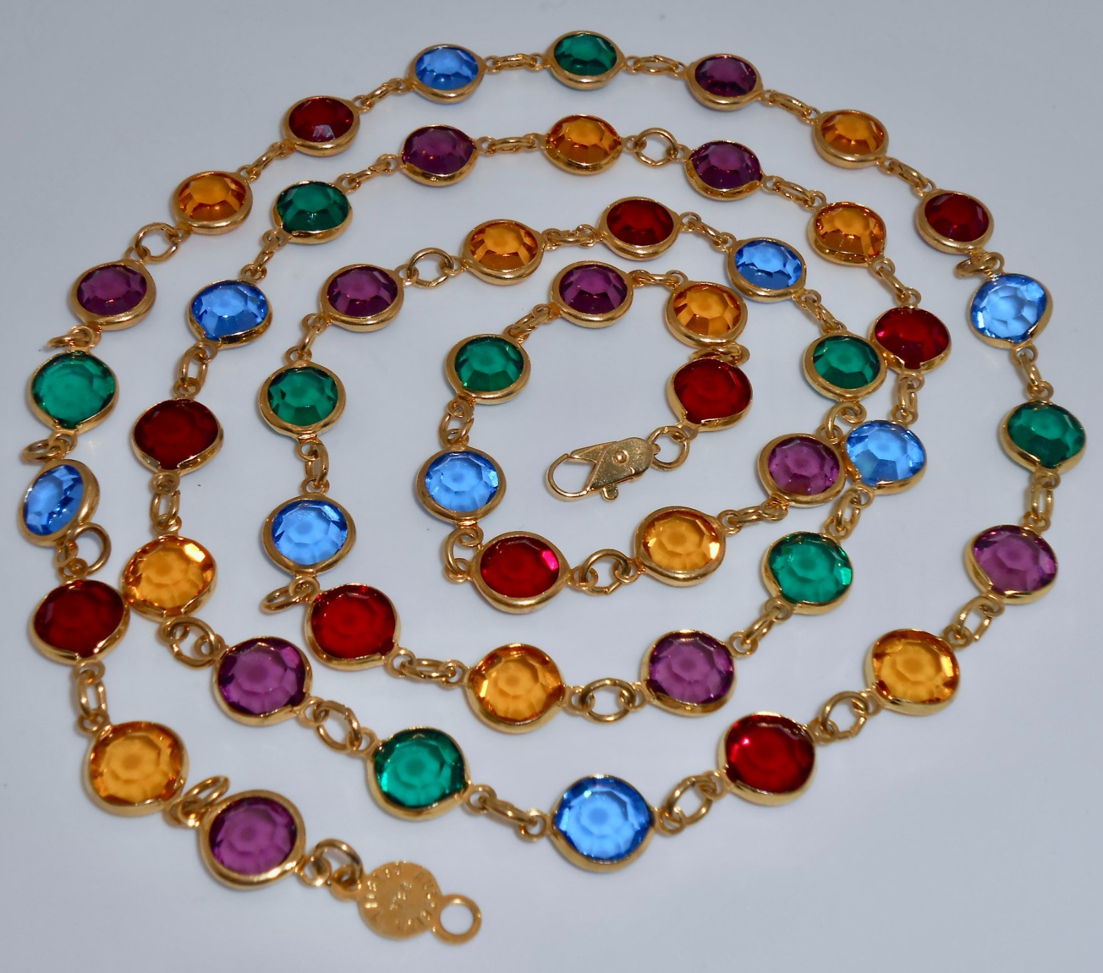 Vintage Austrian Crystal USA Multicolor Crystal Bezel Necklace 35″ Long N37