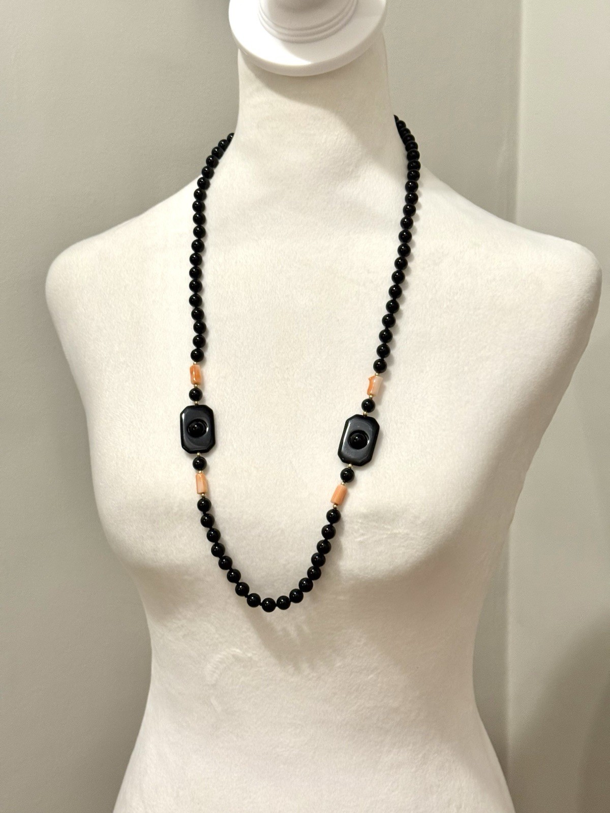 Vtg Black Onyx Pink Angel Skin Coral Necklace Chunky Statement Deco Geometric