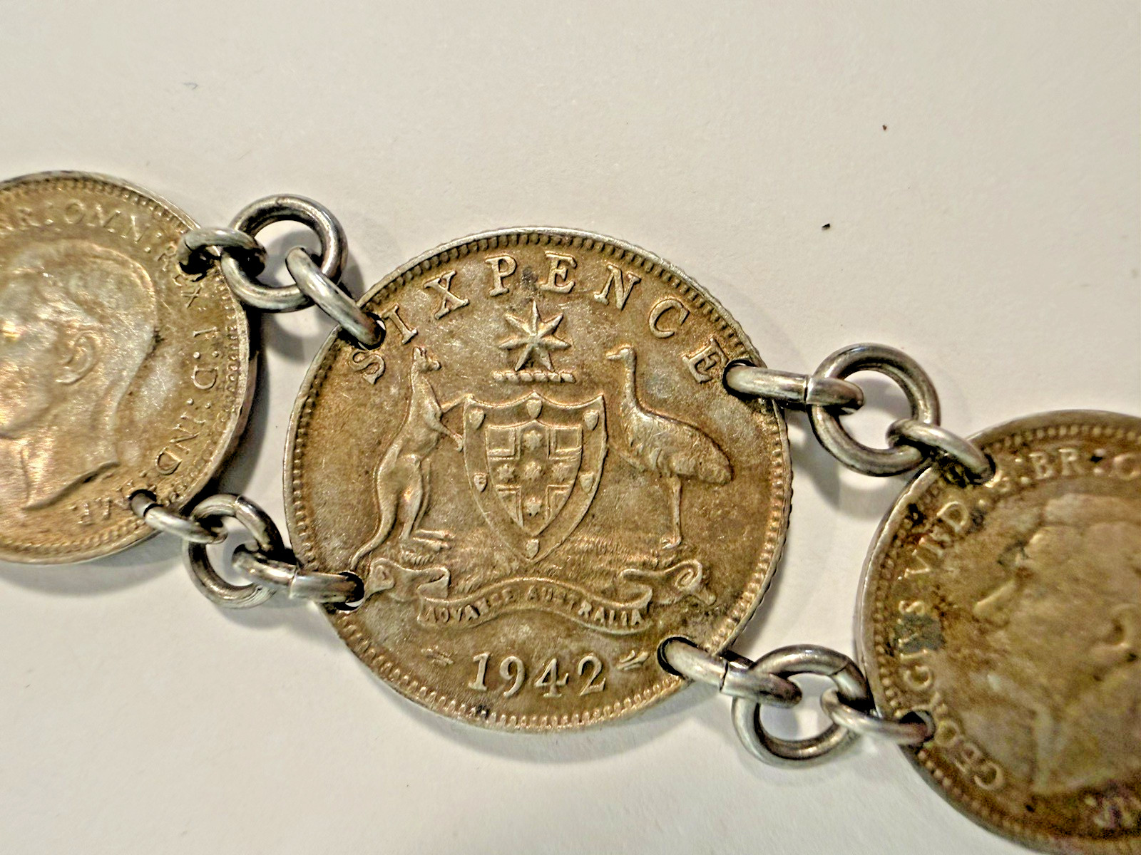 vintage coin Link bracelet 1940s Handmade australian sixpence threepence