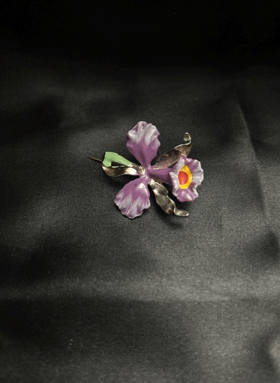 1920s Pot Metal Enamel Orchid Brooch | French Art Nouveau Purple Lavender Flower