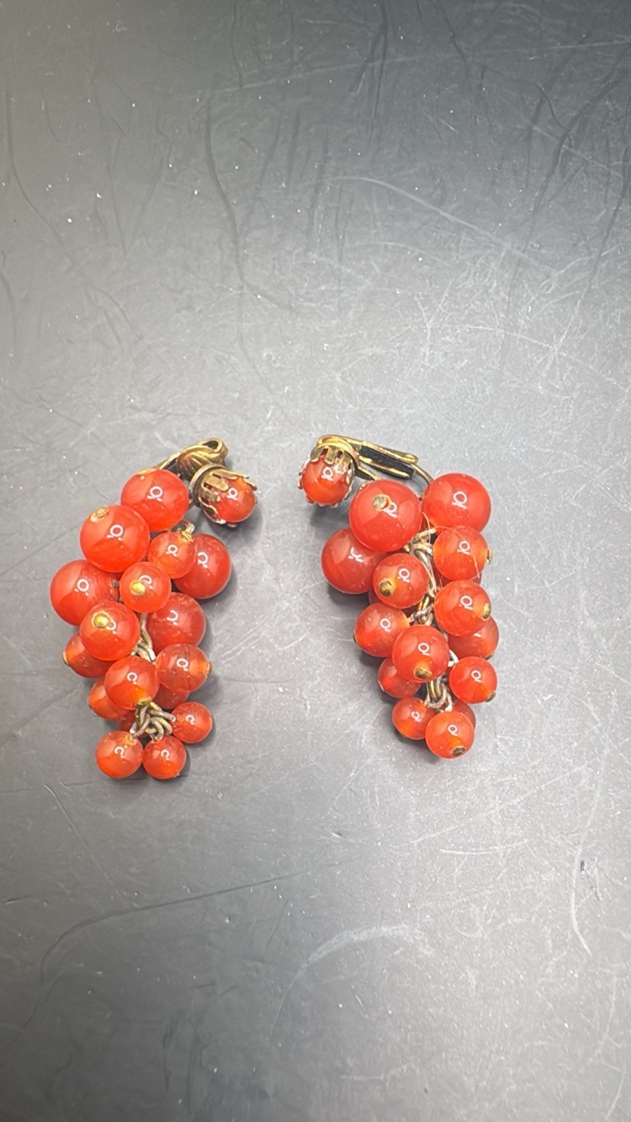 Vintage Glass Burnt Orange Grape Cluster Clip On Earrings