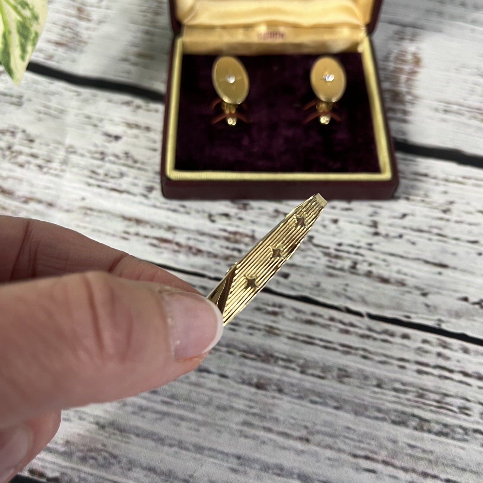 Swank Vintage Brushed Gold Faux Diamonds Mens Cufflinks & Tie Clip w/ Box