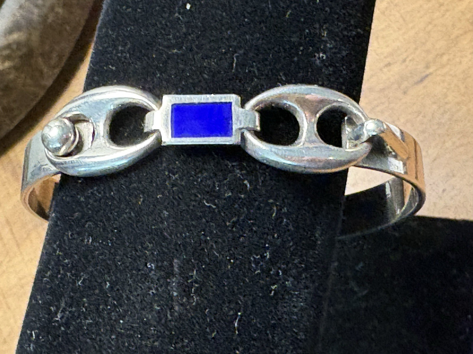 Vintage Sterling Silver and Lapis Inlay Bangle Bracelet 6 1/4 in 16 cm diameter
