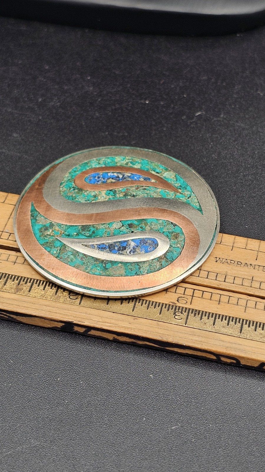 Mexican Sterling Silver & Copper Inlay Brooch GPR Hallmark Bell Mark Gemstone