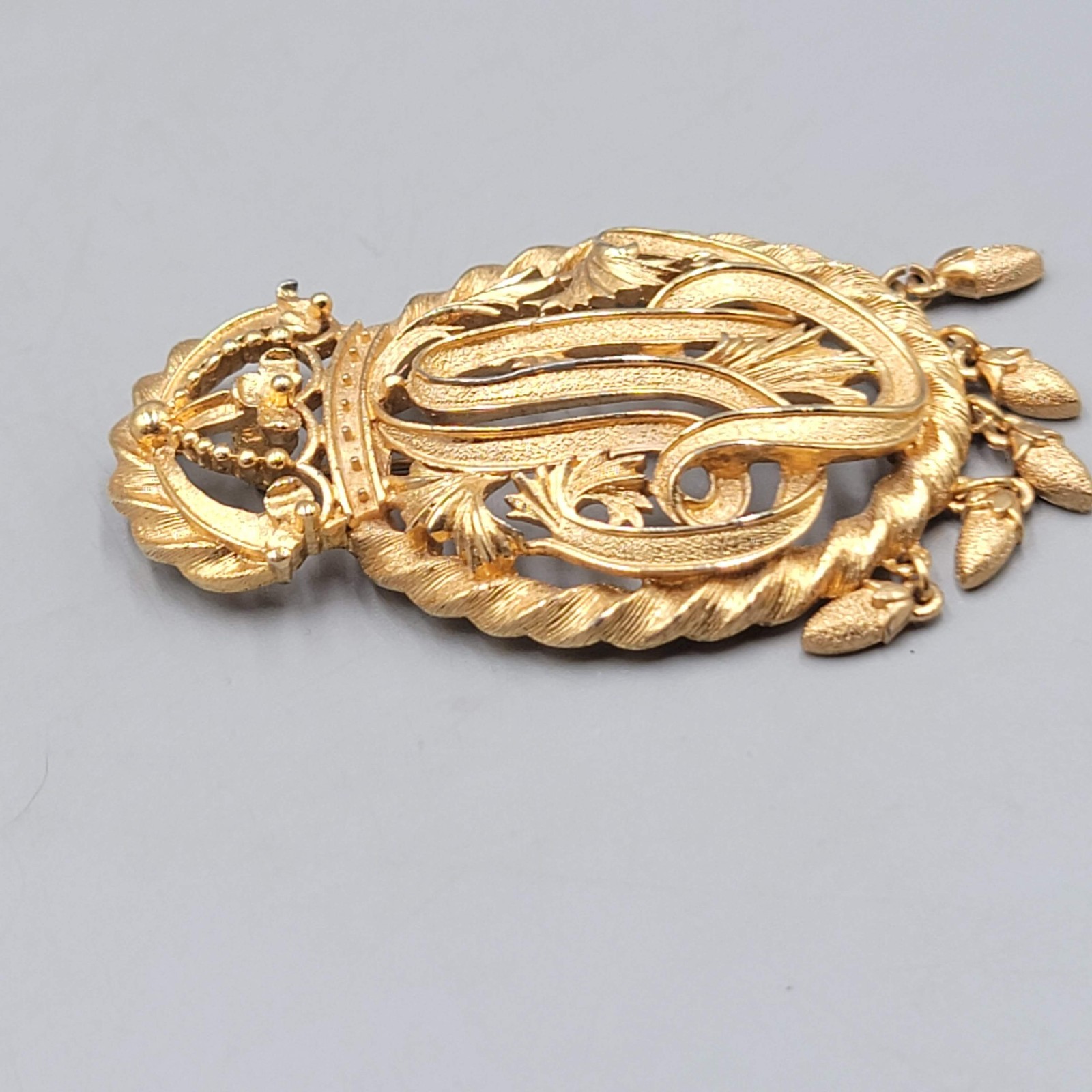 Vintage Monet Textured Gold Floral Brooch Dangling Chain Tassels 3″
