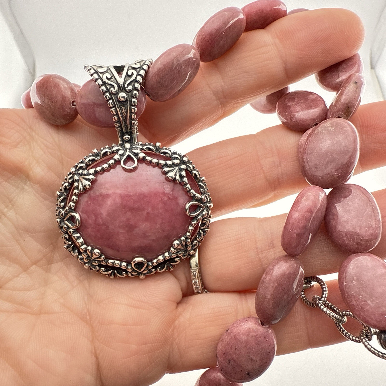 Carolyn Pollack Necklace Set Pink Rhodonite Sterling Silver 925 Pendant Beaded