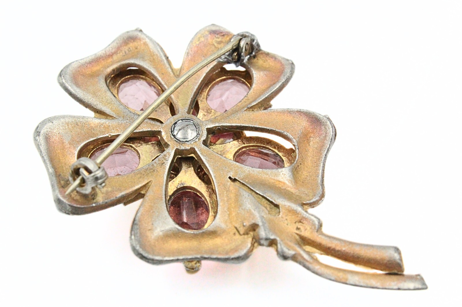Lovely 1940’s Retro Pink White Glass Rhinestones Flower Brooch