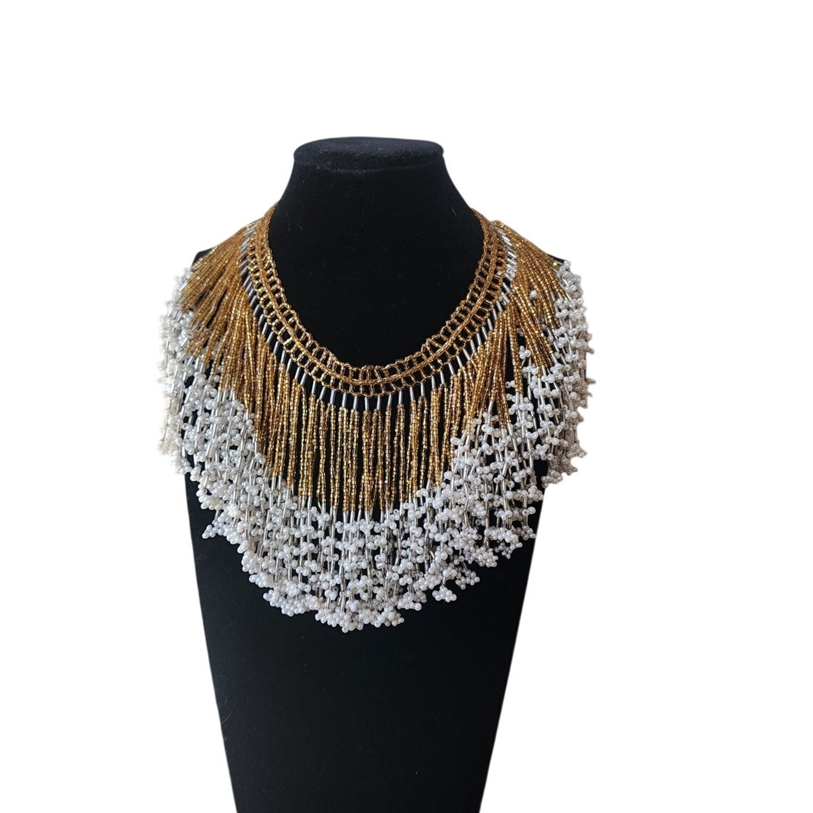 Vintage Bib Necklace Boho Fringed Collar Gold Glass Faux Pearl Beads