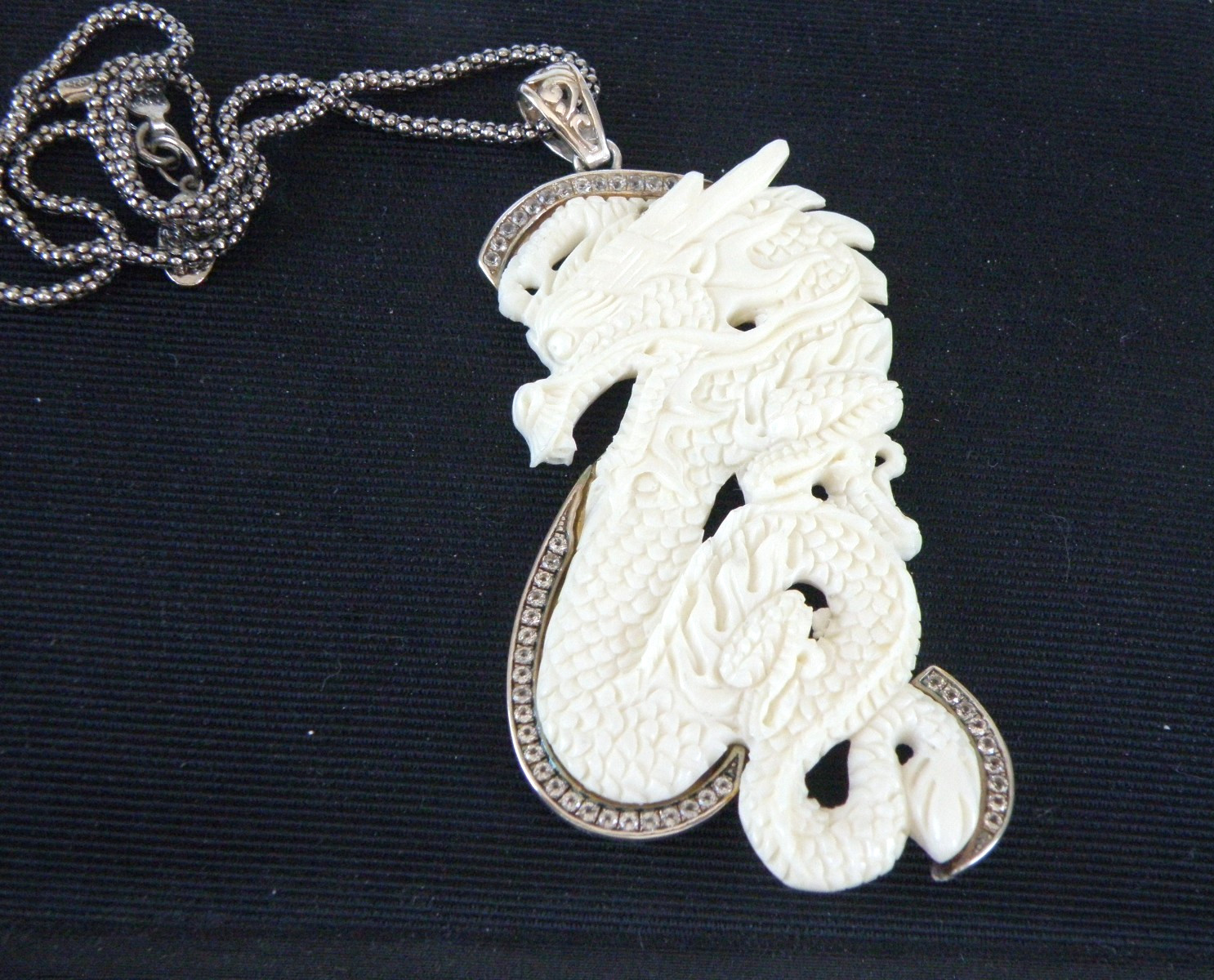 Huge Samuel B Carved CZ Dragon Statement Pendant Popcorn Mesh Necklace