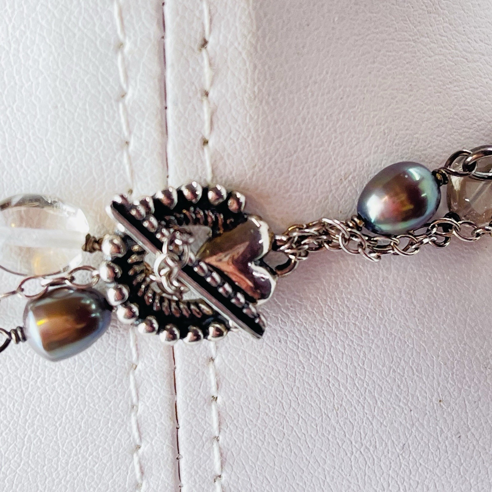 Vtg Rock Crystal & Peacock Pearl 3-Strand Necklace – 15” – Draped -Toggle Clasp