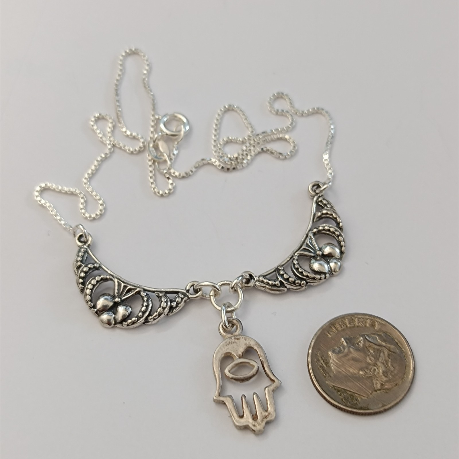 Sterling Silver Hamsa Necklace Hand of Fatima Vintage Ethnic Bib Spiritual Gift