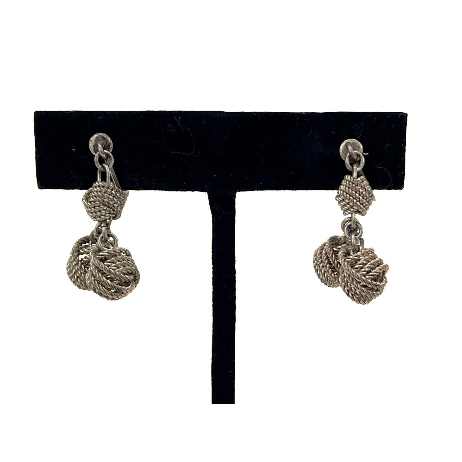 Vintage Silver Tone Triple Love Knot Dangle Earrings Screw Back