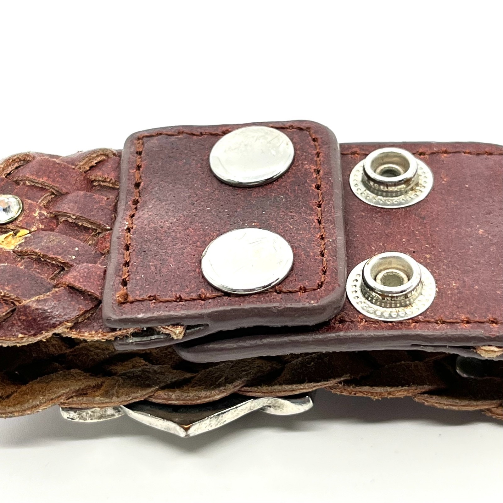 Vintage Y2K Brown Braided Leather Rhinestone Flower Cuff Bracelet Boho Retro