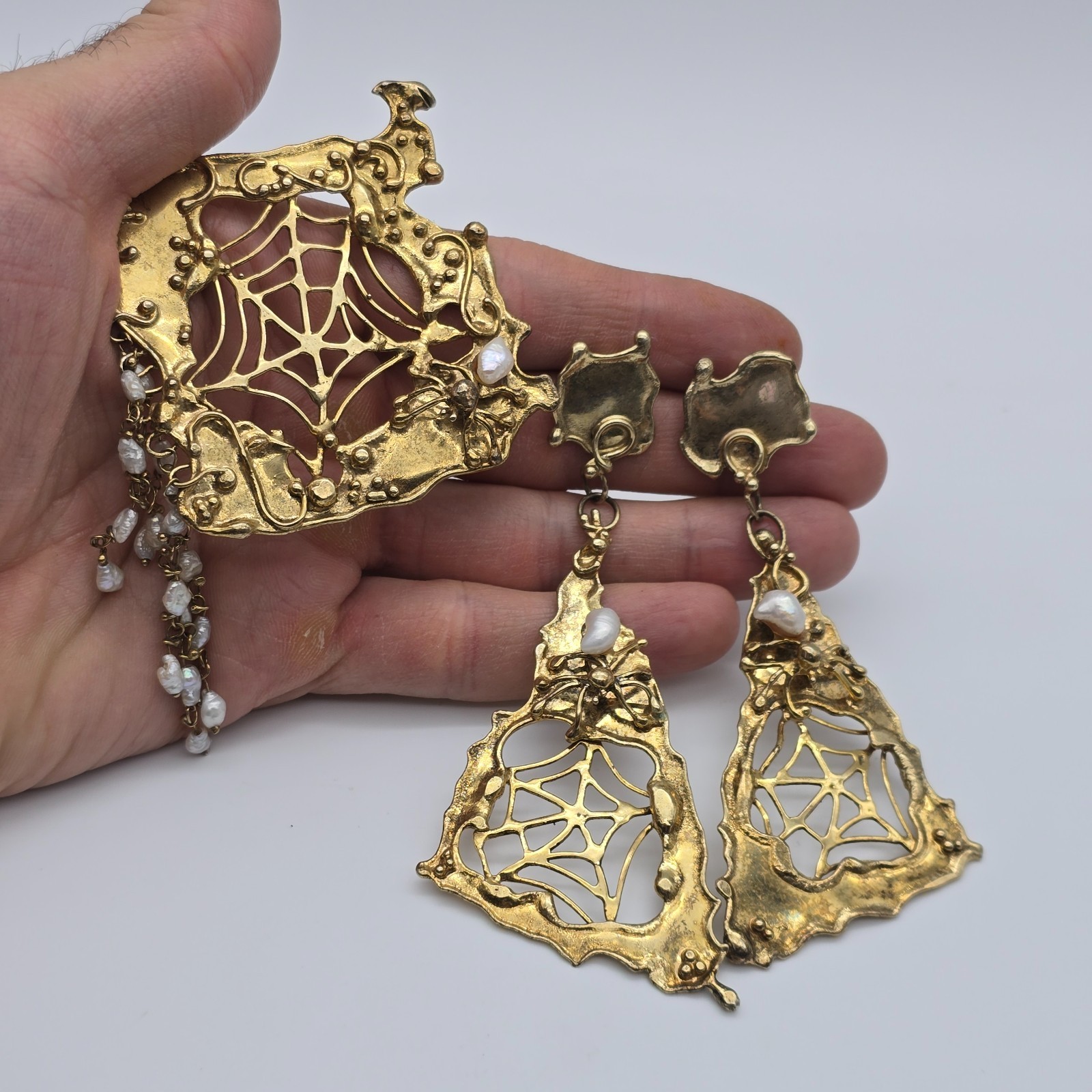 VTG Abstract Brutalist Spider Web Gold over Sterling Pearl Pendant Earrings Set